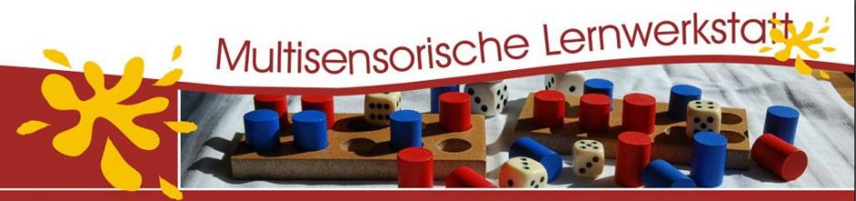 Bild zeigt die Schrift "Multisensorische Lernwerkstatt" mit einem Bild mit Holzspielzeug